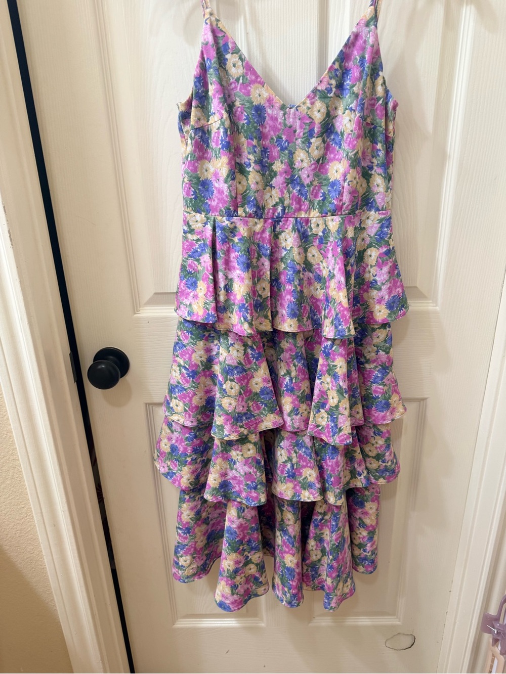 Lena Floral Tiered Spaghetti Strap Dress in Purple and Cream